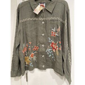 Johnny Was Jacket Large 100 Linen Embroidery NWT $255 Boho Floral Tiger